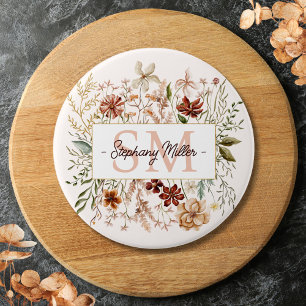 Macaron Rond 7,6 Cm Fleur Florale Élégante Monogramme Aquarelle Automn