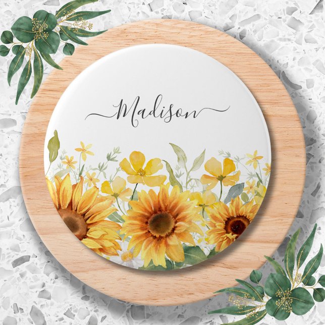 Macaron Rond 7,6 Cm Fleur jaune de tournesol botanique monogramme (Close up)