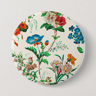 Macaron Rond 7,6 Cm Fleurs bleues et rouges Motif vintage