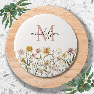 Macaron Rond 7,6 Cm Fleurs de prairie sauvage à aquarelle monogrammée