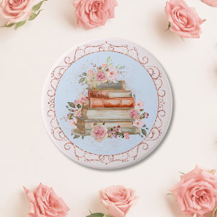 Macaron Rond 7,6 Cm Fleurs roses et livres roses vintage aquarelle