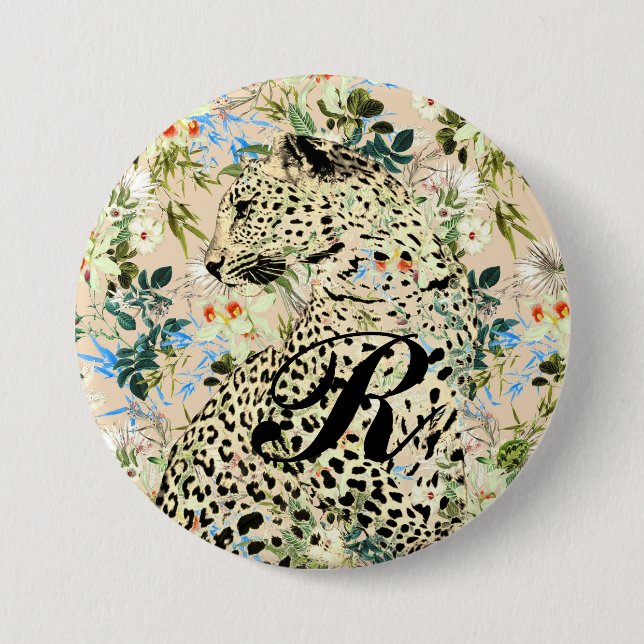 Macaron Rond 7,6 Cm Floral empreinte de léopard tropical hawaïen (Devant)