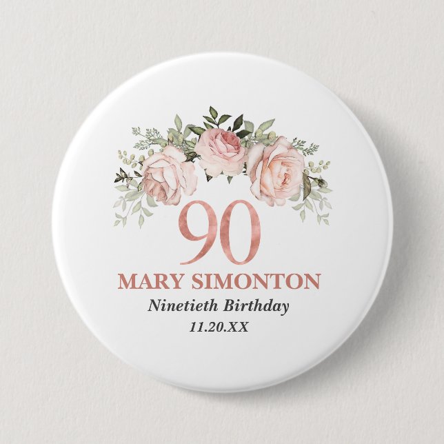 Macaron Rond 7,6 Cm Floral or rose pâle 90e anniversaire (Devant)