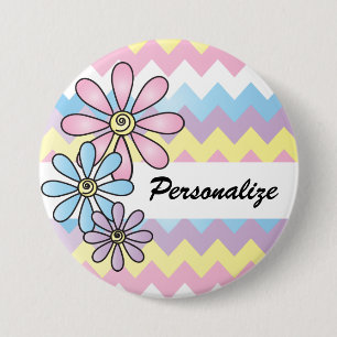 Macaron Rond 7,6 Cm Floral Pastel Chevron  Nom DO-IT-YOURSELF