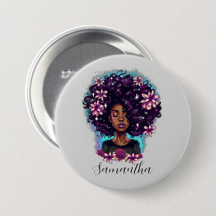 Macaron Rond 7,6 Cm Floral Sparkling Afro Woman Button