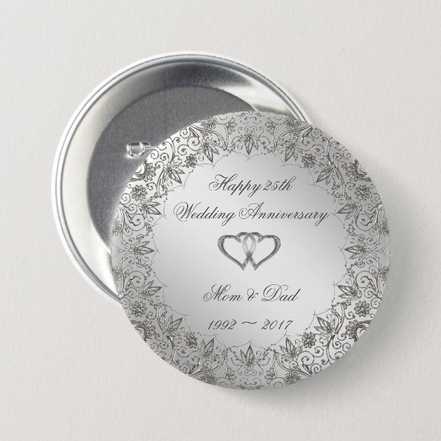 Macaron Rond 7,6 Cm Flourish Silver 25e anniversaire Mariage (Devant & derrière)