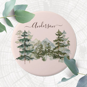 Macaron Rond 7,6 Cm Forêt de pins et montagne rustique à l'aquarelle