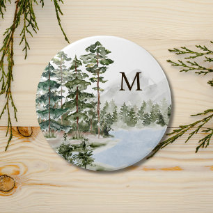 Macaron Rond 7,6 Cm Forêt de pins verts et lac monogrammés