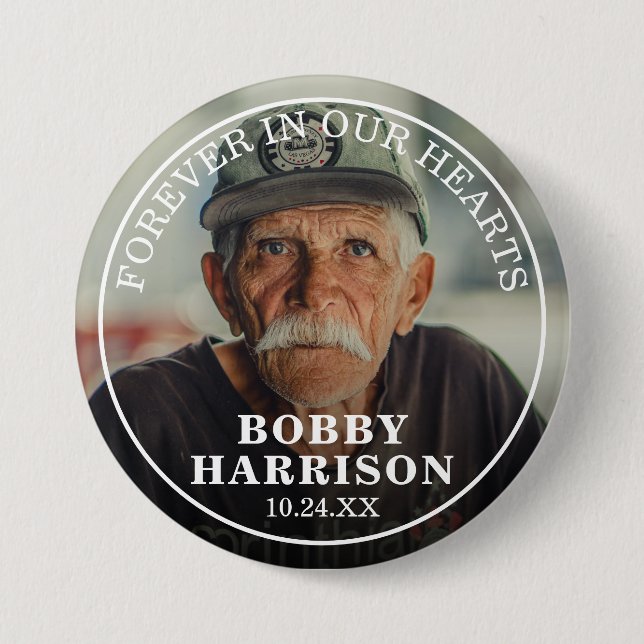 Macaron Rond 7,6 Cm Funérailles pour toujours dans nos coeurs | Photo  (Devant)