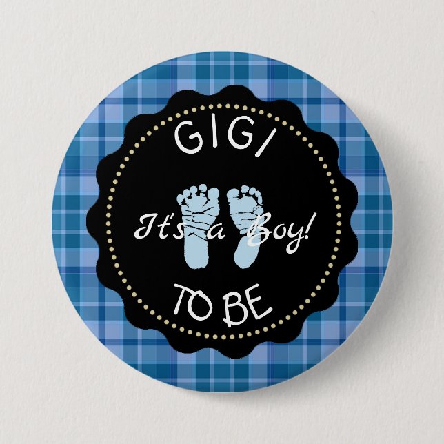 Macaron Rond 7,6 Cm GIGI à être Bleu Plaid Baby shower bouton (Devant)