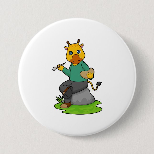 Macaron Rond 7,6 Cm Giraffe en peintre avec pinceau (Devant)