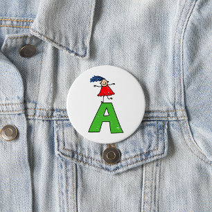 Macaron Rond 7,6 Cm Girl Dancing on Green Letter A Fun Alphabet