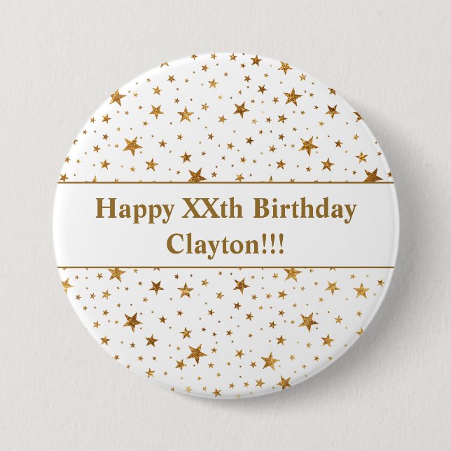 Macaron Rond 7,6 Cm Gold Stars avec message Anniversaire (Devant)