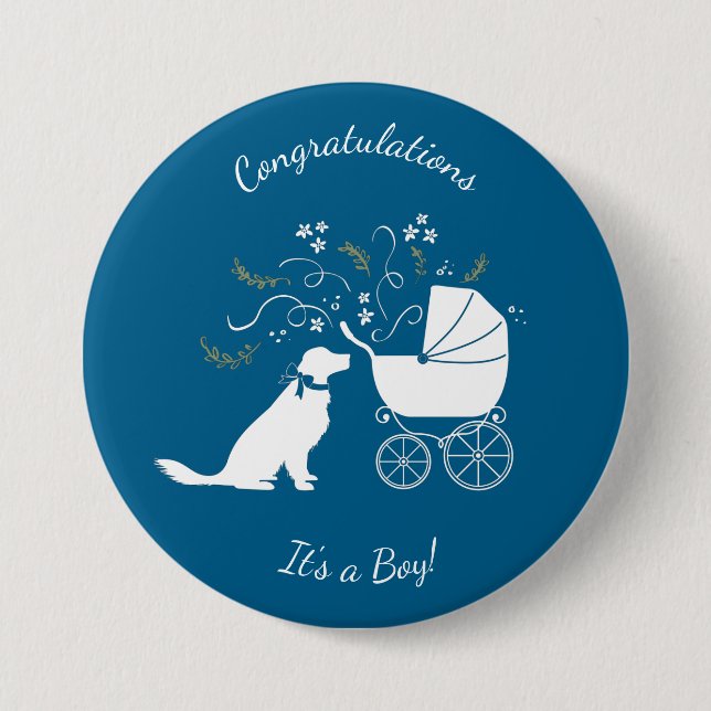 Macaron Rond 7,6 Cm Golden Retriever Baby shower chien bleu garçon (Devant)