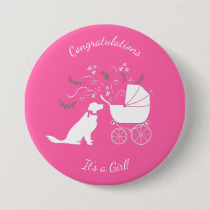 Macaron Rond 7,6 Cm Golden Retriever Baby shower chien rose fille