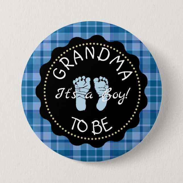 Macaron Rond 7,6 Cm Grand-mère à être bleu Plaid Baby shower bouton (Devant)