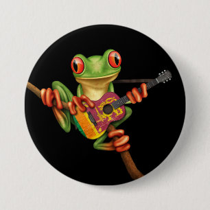Macaron Rond 7,6 Cm Grenouille d'arbre jouant le noir de guitare de