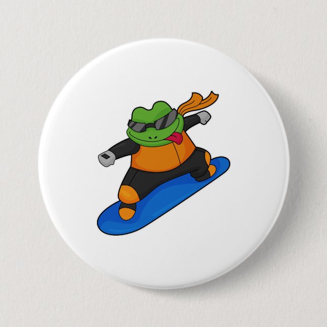 Macaron Rond 7,6 Cm Grenouille en snowobarder avec snowboard (Devant)