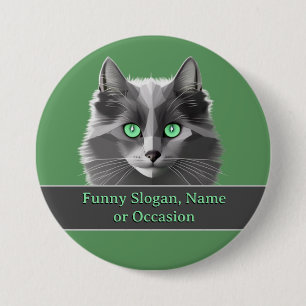 Macaron Rond 7,6 Cm Grey Cats Theme on Green - Add Name or Funny Text