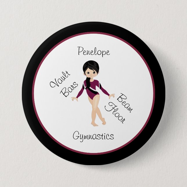 Macaron Rond 7,6 Cm Gymnastique Cheveux noirs, Yeux Brown, Leo Bourgog (Devant)