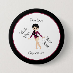 Macaron Rond 7,6 Cm Gymnastique Cheveux noirs, Yeux Brown, Leo Bourgog