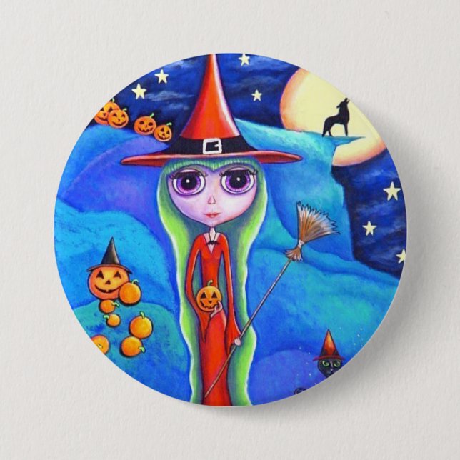 Macaron Rond 7,6 Cm Halloween Wolf Witch Chat noir Cauldron Citrouille (Devant)