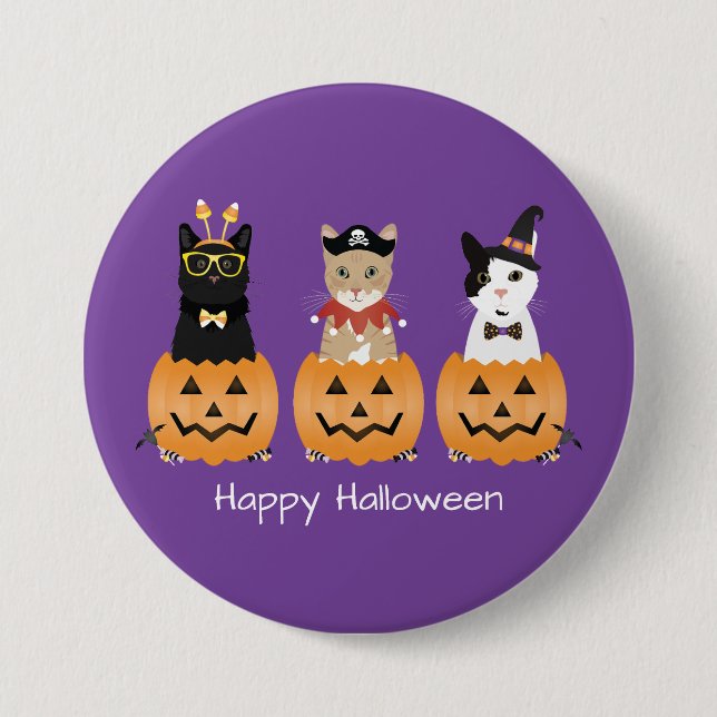Macaron Rond 7,6 Cm Happy Halloween Cats Jack-o'-lantern (Devant)