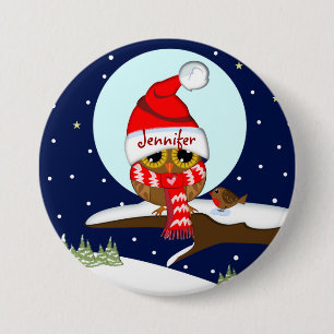 Macaron Rond 7,6 Cm Hibou avec le casquette de Père Noël et le bouton