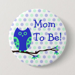 Macaron Rond 7,6 Cm Hibou bleu "maman à être" bouton de baby shower