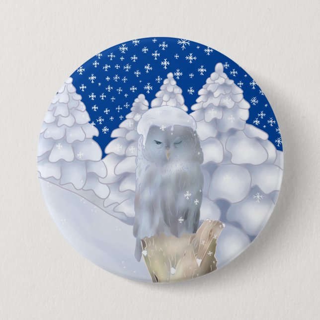 Macaron Rond 7,6 Cm Hibou dans la neige (Devant)