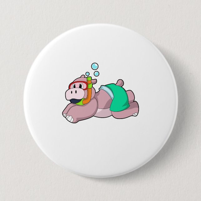 Macaron Rond 7,6 Cm Hippo à la plongée avec tuba (Devant)