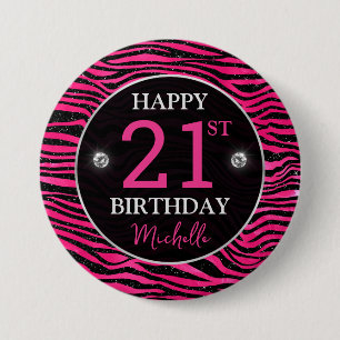 Macaron Rond 7,6 Cm Hot Pink & Black Glitter Tiger Stripes Anniversair