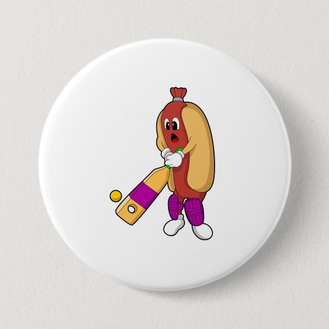 Macaron Rond 7,6 Cm Hotdog au cricket avec batte de cricket (Devant)