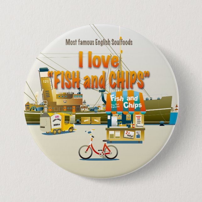 Macaron Rond 7,6 Cm I love FISH & CHIPS (Devant)