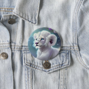 Macaron Rond 7,6 Cm Imaginaire Lion Bébé Blanc