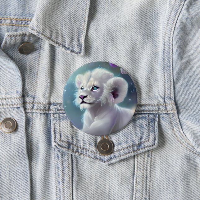 Macaron Rond 7,6 Cm Imaginaire Lion Bébé Blanc (En situation)