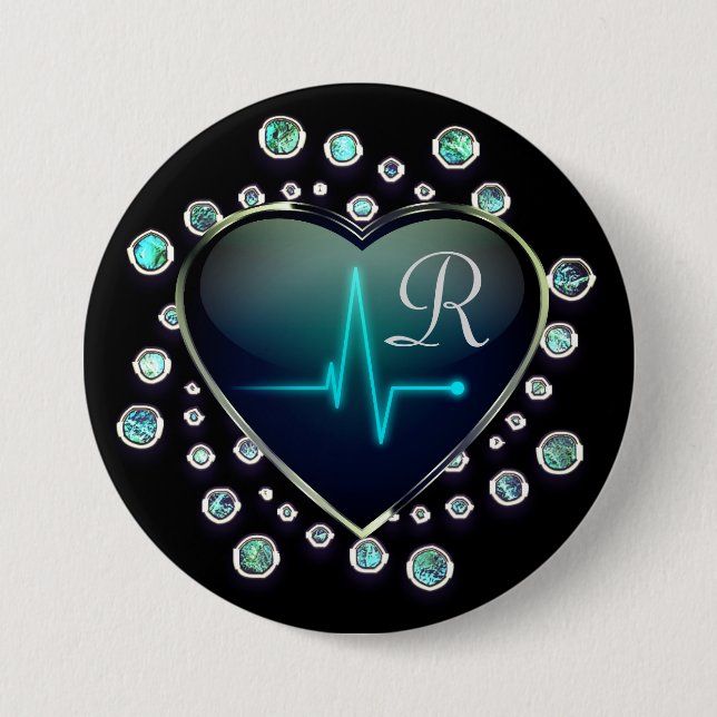 Macaron Rond 7,6 Cm Infirmière EKG coeur bijou look noir bleu argent (Devant)