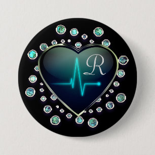 Macaron Rond 7,6 Cm Infirmière EKG cœur joyau noir bleu argenté 