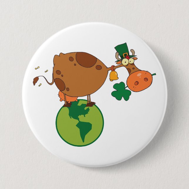 Macaron Rond 7,6 Cm Irish Leprechaun Cow Standing on Planet Earth (Devant)