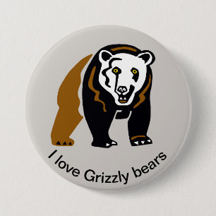 Macaron Rond 7,6 Cm J'aime OURS GRIZZLY - Animaux sauvages - Nature