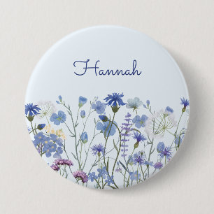 Macaron Rond 7,6 Cm Jardin de fleurs sauvages à l'aquarelle bleue mono
