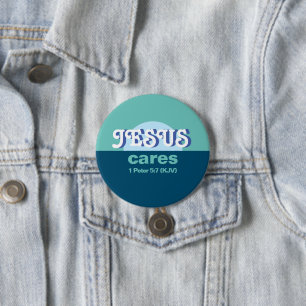 Macaron Rond 7,6 Cm Jésus S'En Soucie. 1 Pierre 5:7 (KJV) - Bleu océan