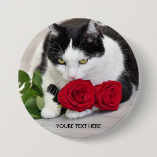 Macaron Rond 7,6 Cm Joli chat avec la rose rouge