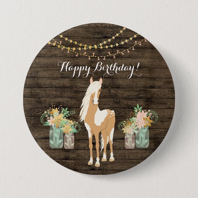 Macaron Rond 7,6 Cm Joli cheval et fleurs Bois rustique Anniversaire (Devant)