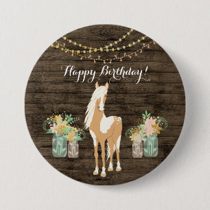 Macaron Rond 7,6 Cm Joli cheval et fleurs Bois rustique Anniversaire