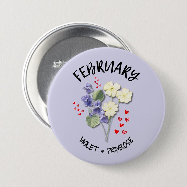 Macaron Rond 7,6 Cm Joli FÉVRIER Naissance Mois Fleur Anniversaire (Devant & derrière)