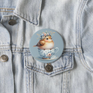Macaron Rond 7,6 Cm Joli Oiseau Bleu avec Couronne Florale dans une Ta