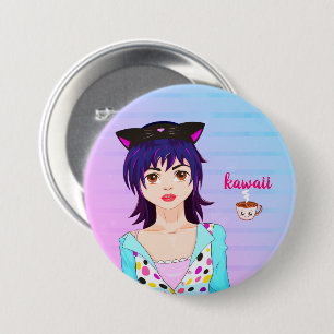 Macaron Rond 7,6 Cm Jolie fille Anime et tasse de café kawaii