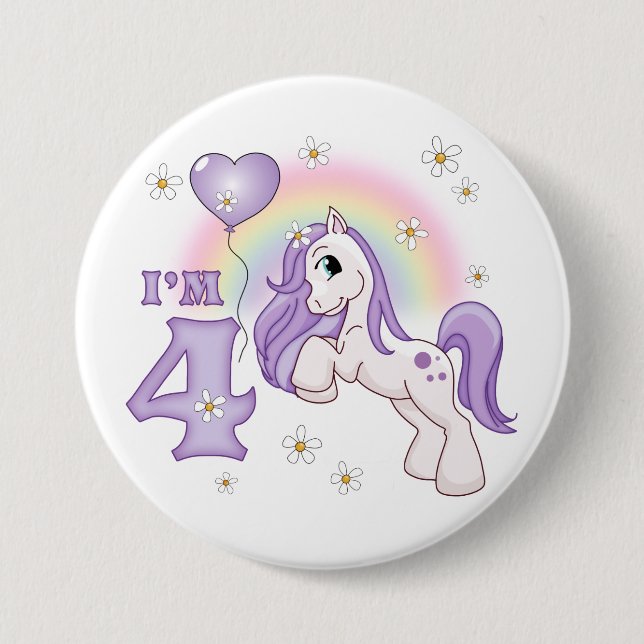 Macaron Rond 7,6 Cm Jolie Pony 4e anniversaire (Devant)