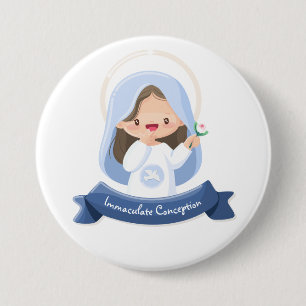 Macaron Rond 7,6 Cm Jolie Vierge Marie Kawaii avec Fleur – Blanche
